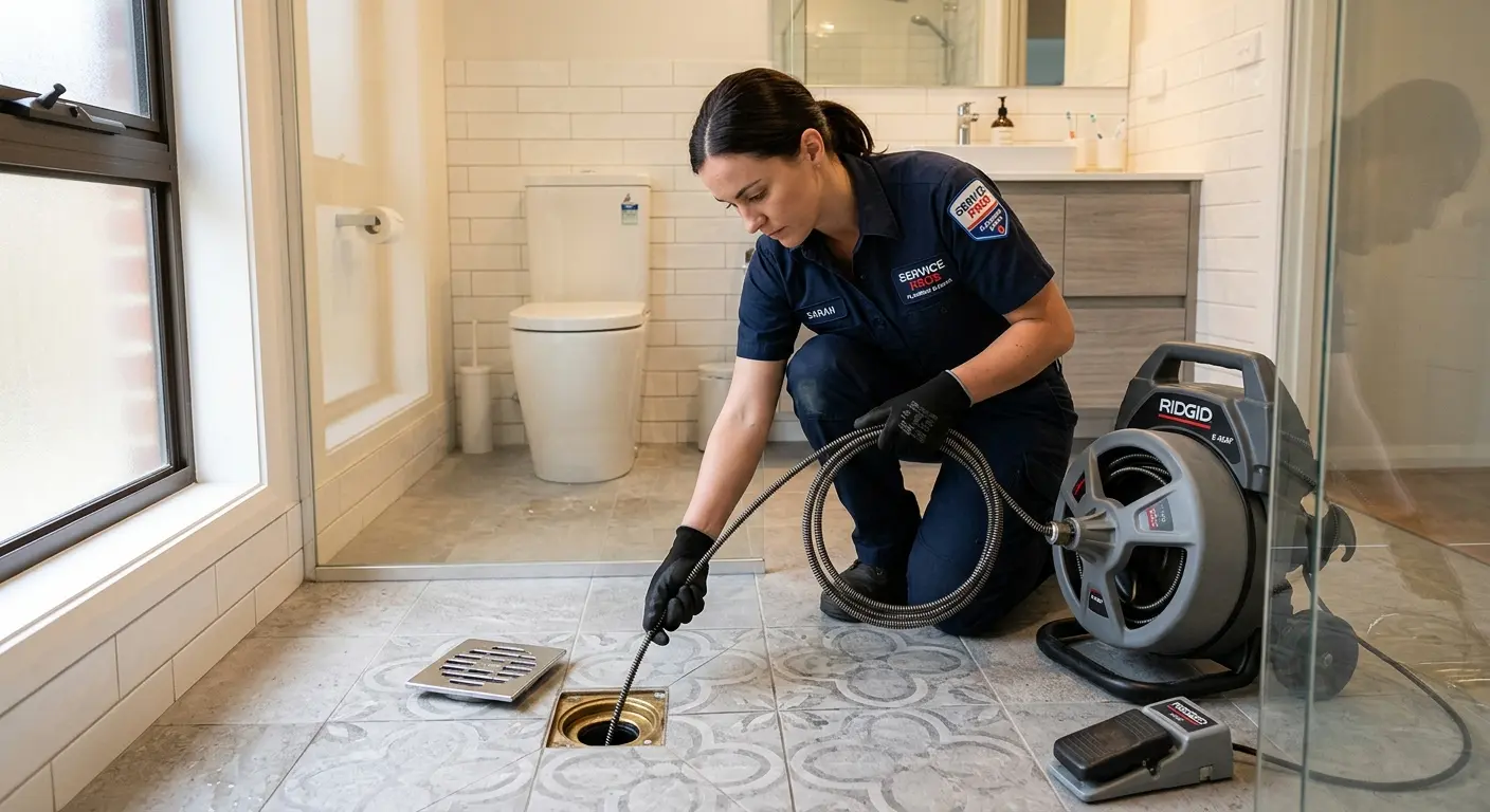 Technician clearing a bathroom floor drain for Sewer Line Installation in Mayfield